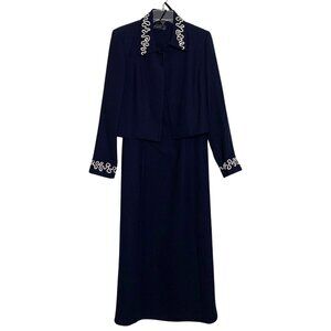 VTG 90s Donna B Taylor Embroidered 2pc Blue  V-Neck Dress Suit w/ Shoulder Pads
